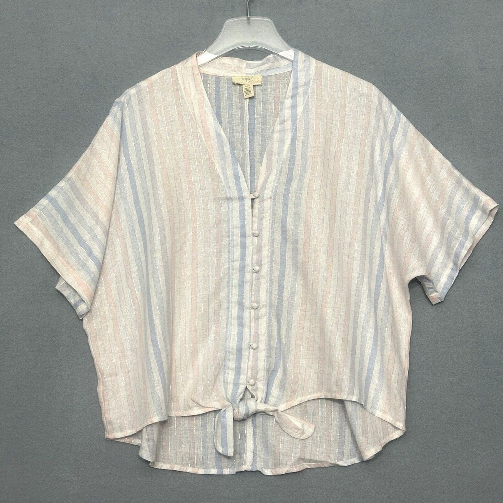Cupio Womens Top L Pastel Stripe Sparkle Linen Blend Tie Boxy Boho Beachy Preppy